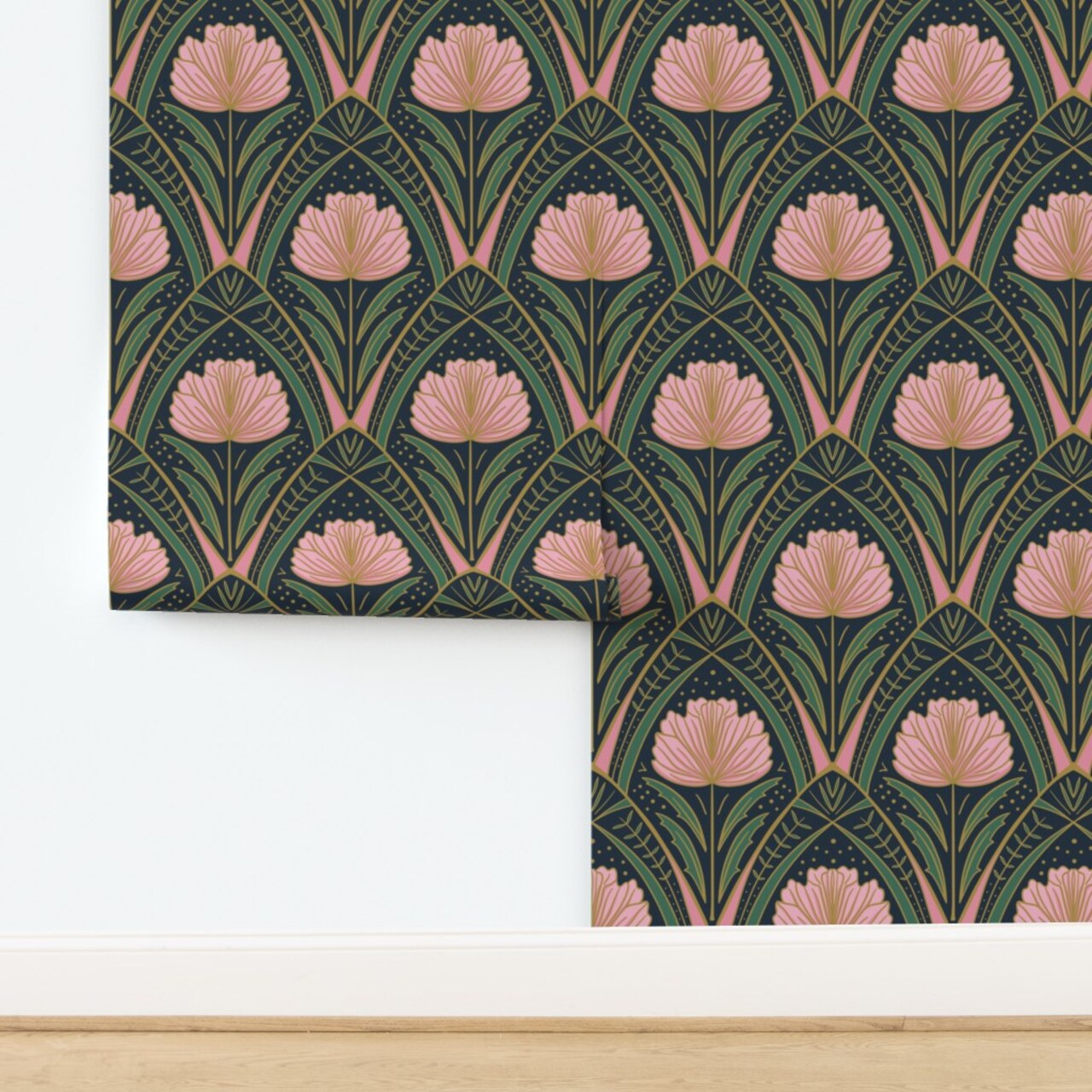 Art Deco Peony Dark Blue Pink Green Floral Abstract Botanical Nouveau Custom Removable Wallpaper by Spoonflower Peel & Stick Wallpaper 2FT Wide